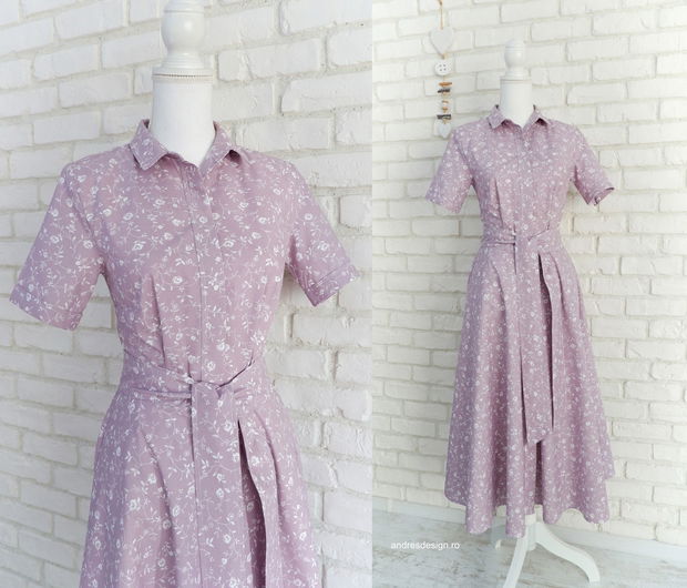 Rochie Camasa Maneca Scurta Lila cu Flori Albe