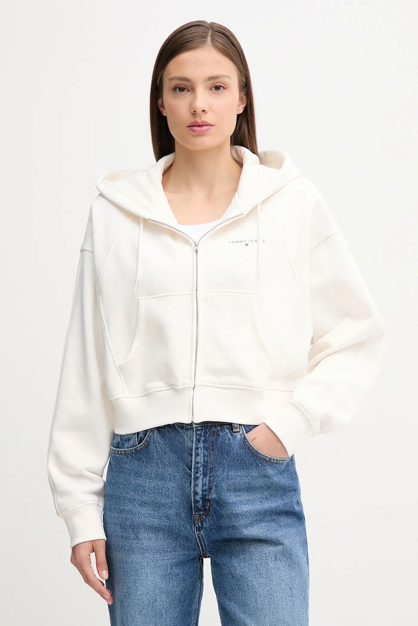 Tommy Jeans bluză culoarea bej, cu glugă, uni, DW0DW21163