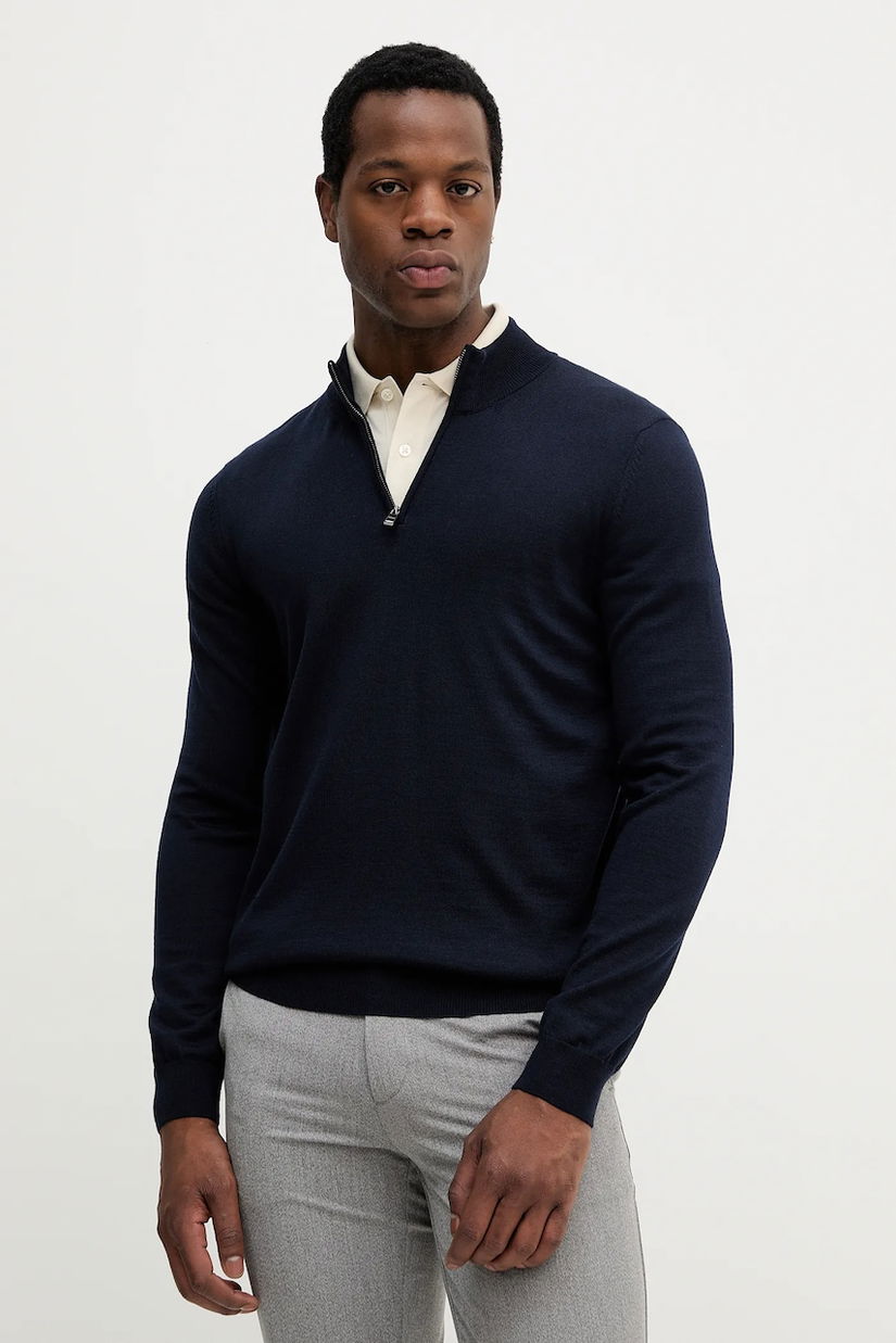 BOSS pulover de lână culoarea bleumarin, light, cu turtleneck, 50528300