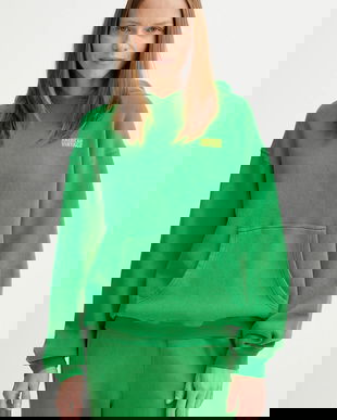 American Vintage bluză culoarea verde, cu glugă, uni, IZU03D