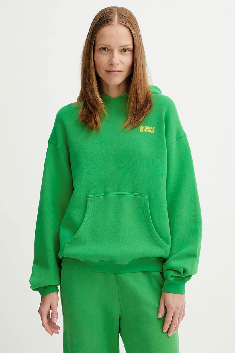 American Vintage bluză culoarea verde, cu glugă, uni, IZU03D