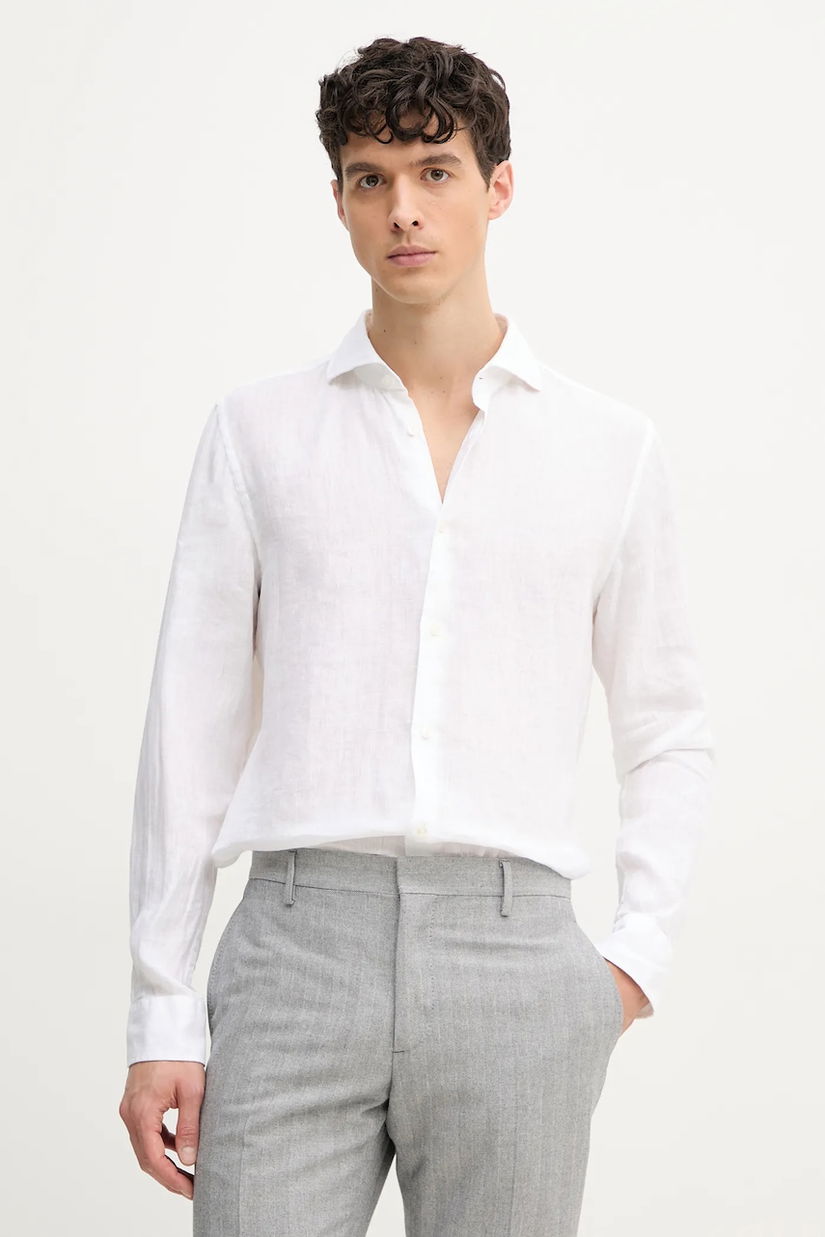 Joop! cămașă de in bărbați, culoarea alb, cu guler italian, slim, 30046075