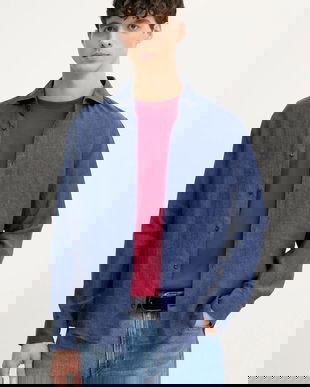 Joop! cămașă de in bărbați, culoarea bleumarin, cu guler italian, slim, 30046075