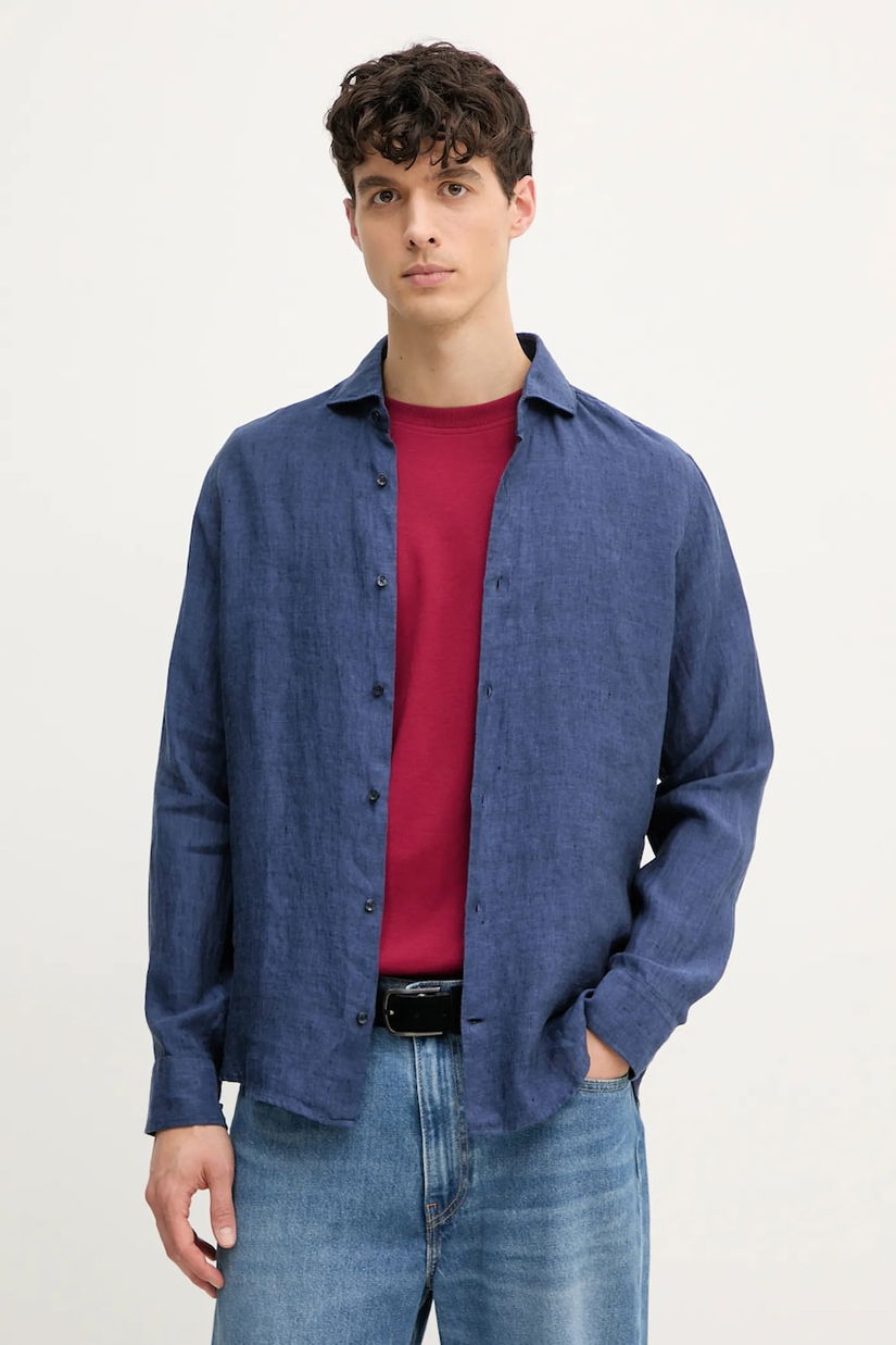 Joop! cămașă de in bărbați, culoarea bleumarin, cu guler italian, slim, 30046075