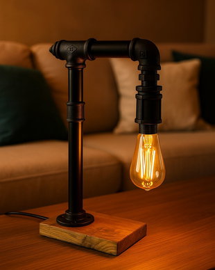 Lampă industrială handmade din țevi metalice și lemn masiv  design vintage cu bec Edison