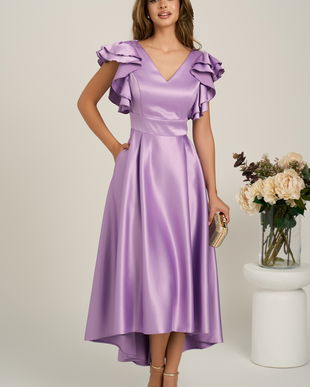 Rochie lunga lila din tafta subtire in clos cu volanase la bust- LaDonna