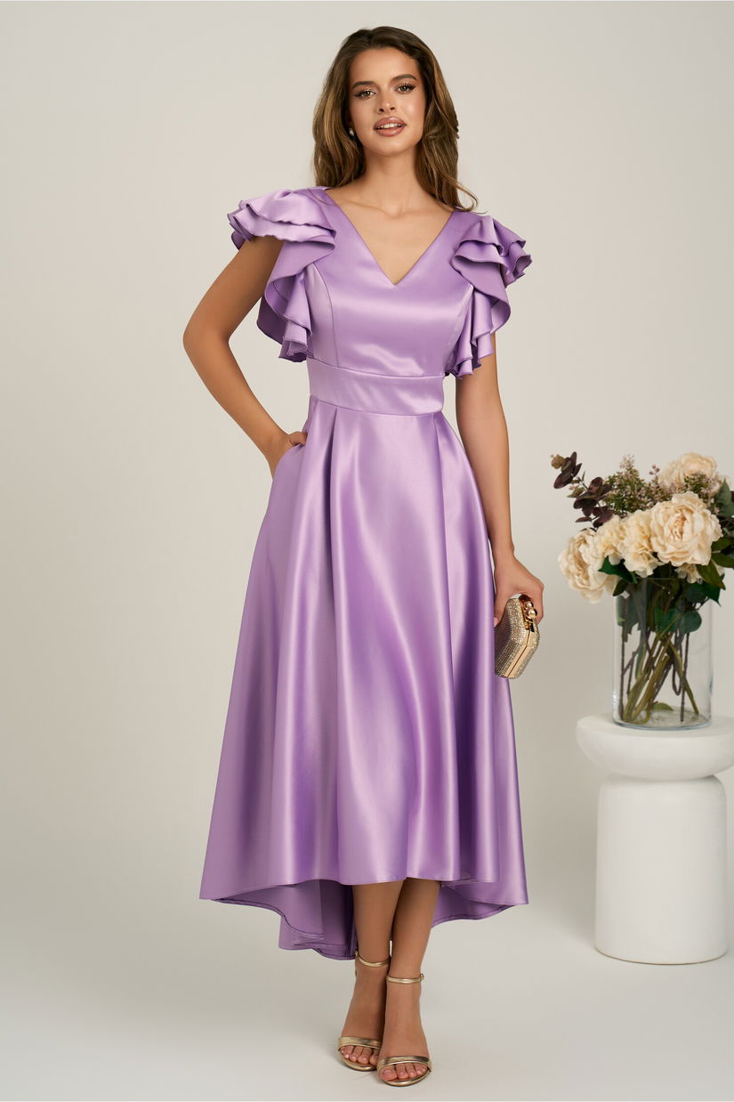 Rochie lunga lila din tafta subtire in clos cu volanase la bust- LaDonna