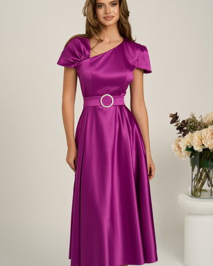 Rochie midi mov din tafta subtire in clos cu cordon in talie- LaDonna