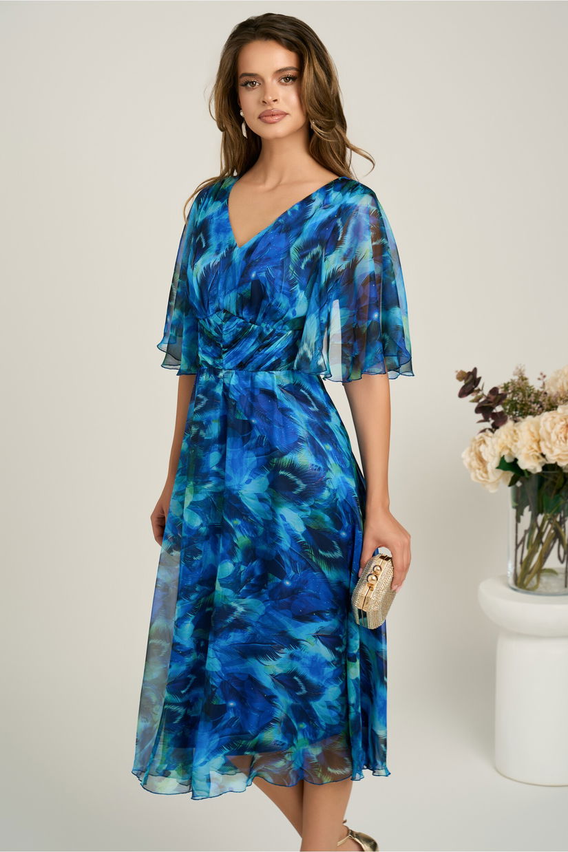 Rochie midi albastra din voal in clos cu imprimeuri si maneci vaporoase