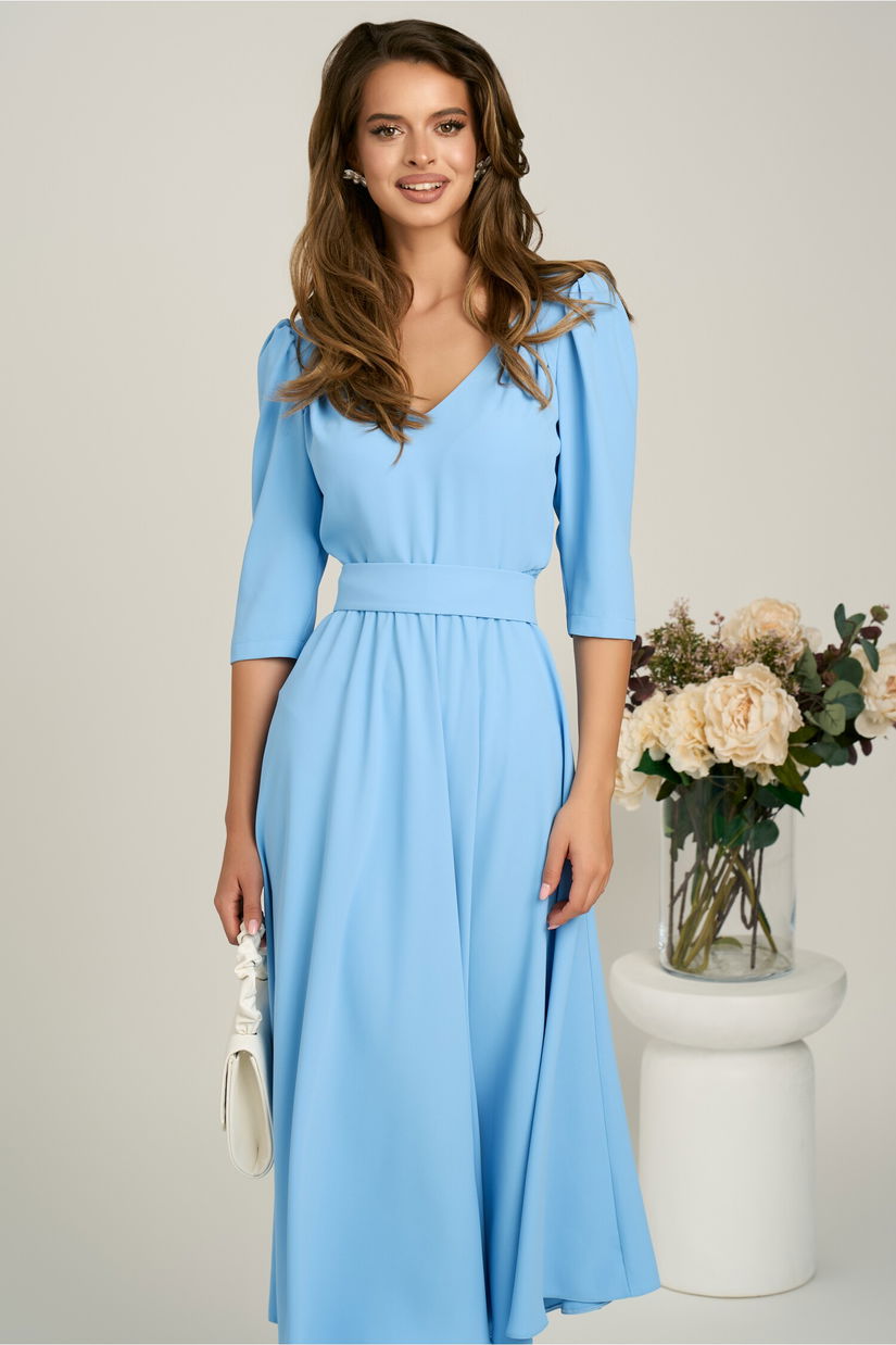 Rochie midi bleu din triplu voal in clos cu cordon in talie- LaDona