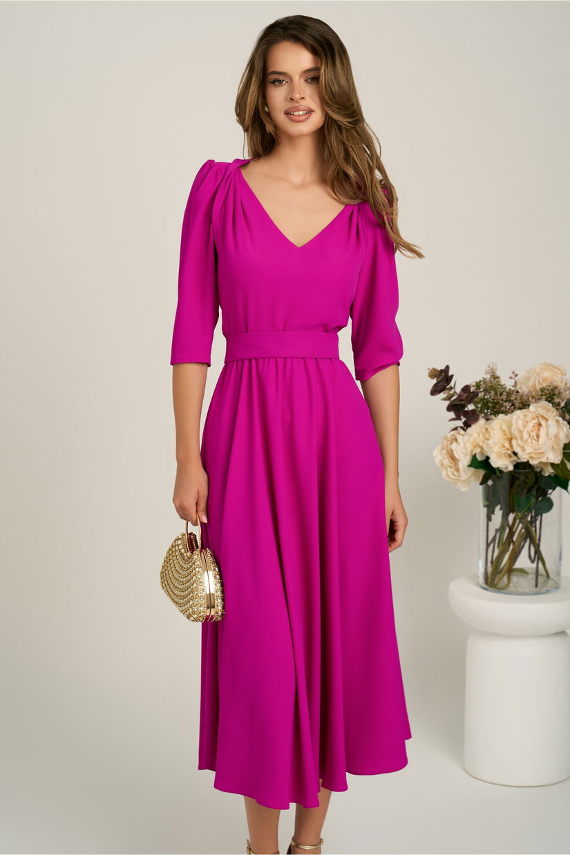 Rochie midi fucsia din triplu voal in clos cu cordon in talie- LaDona