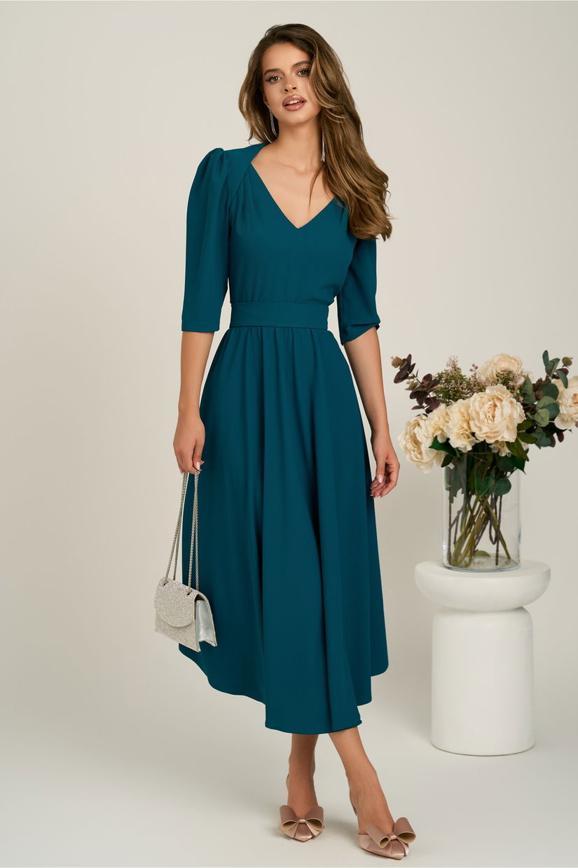 Rochie midi verde inchis din triplu voal in clos cu cordon in talie- LaDona