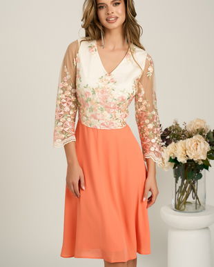 Rochie midi somon cu fusta in clos din voal si dantela florala la bust