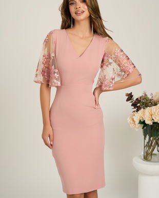 Rochie DY Fashion midi roz din stofa conica cu maneci din dantela