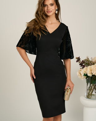 Rochie DY Fashion midi neagra din stofa conica cu maneci din dantela