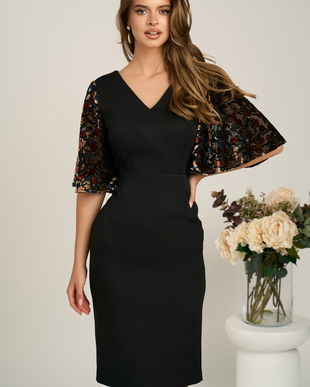 Rochie DY Fashion midi neagra din stofa conica cu maneci cu insertii catilefate maro