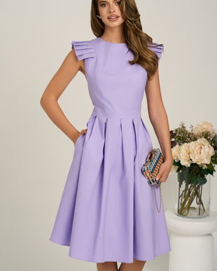 Rochie DY Fashion midi lila din poplin in clos cu volane la umeri