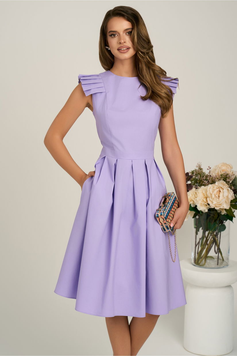 Rochie DY Fashion midi lila din poplin in clos cu volane la umeri