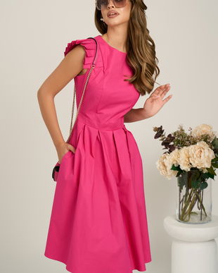 Rochie DY Fashion midi fucsia din poplin in clos cu volane la umeri
