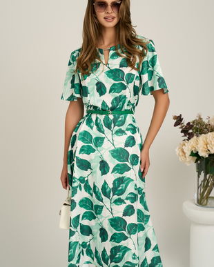 Rochie midi cu imprimeu verde din triplu voal in clos