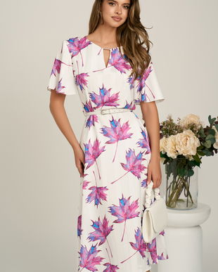 Rochie midi cu imprimeu magenta din triplu voal in clos