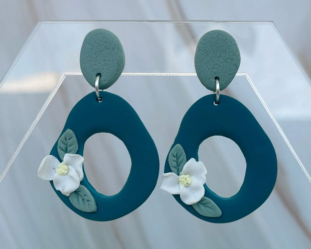 Cercei din lut polimeric TEAL BLOSSOM #C0171
