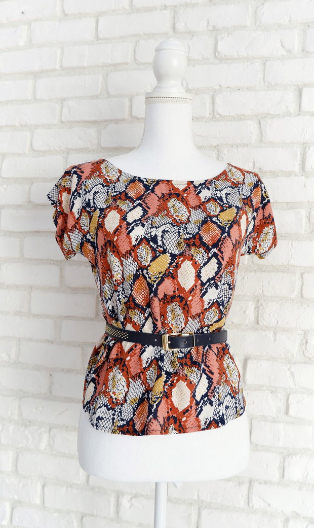 Bluza Vaporoasa Print Sarpe Caramiziu cu Bleumarin