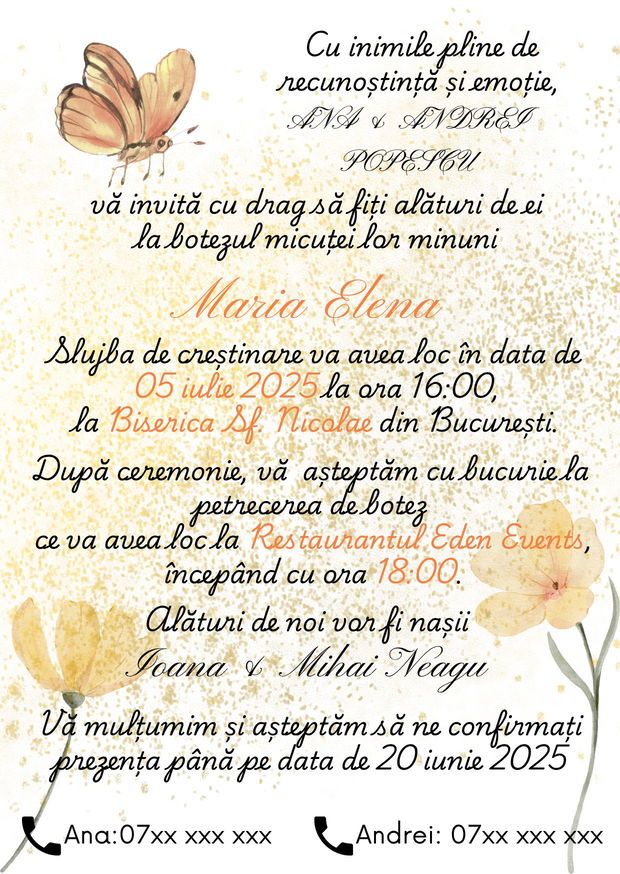 Invitație digitală de botez fetiță - roz pastel, florală, personalizabilă Canva