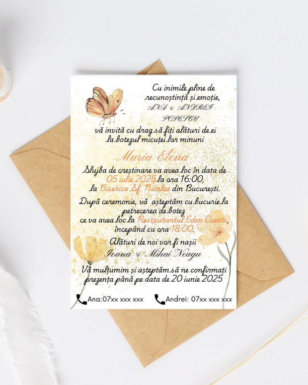 Invitație digitală de botez fetiță - roz pastel, florală, personalizabilă Canva