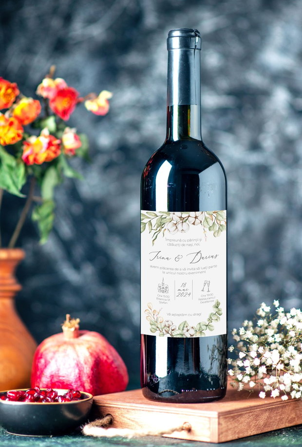 Etichetă personalizată pentru sticla de vin. Etichetă vin pentru nuntă. Invitație nuntă sticlă vin.
