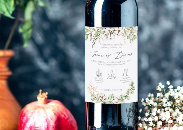 Etichetă personalizată pentru sticla de vin. Etichetă vin pentru nuntă. Invitație nuntă sticlă vin.