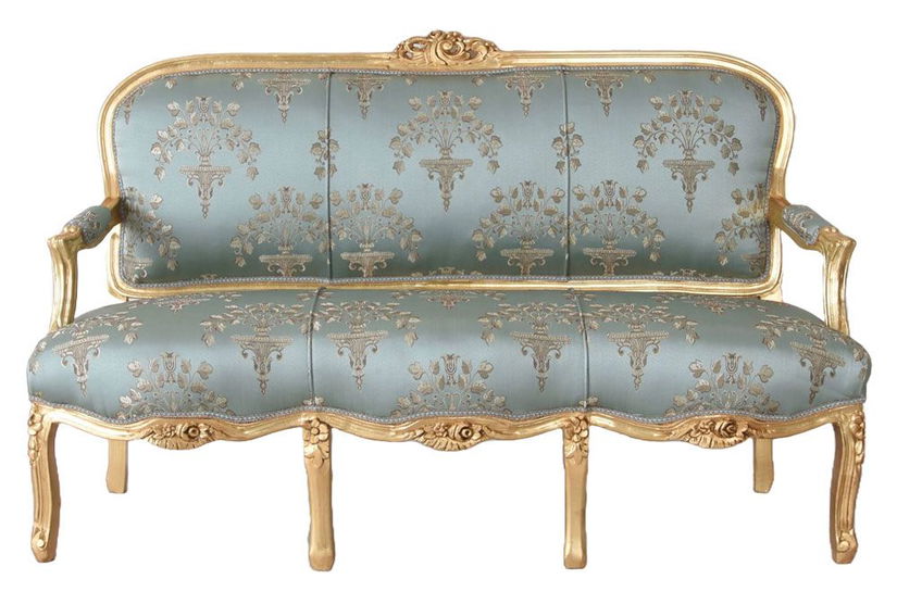 Sofa Maria Antoaneta din lemn auriu cu tapiterie bleu