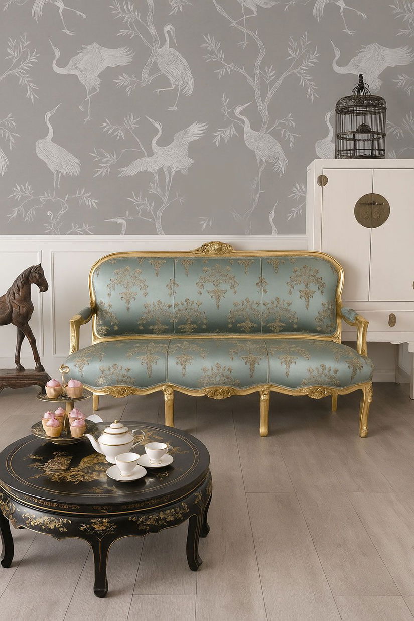 Sofa Maria Antoaneta din lemn auriu cu tapiterie bleu