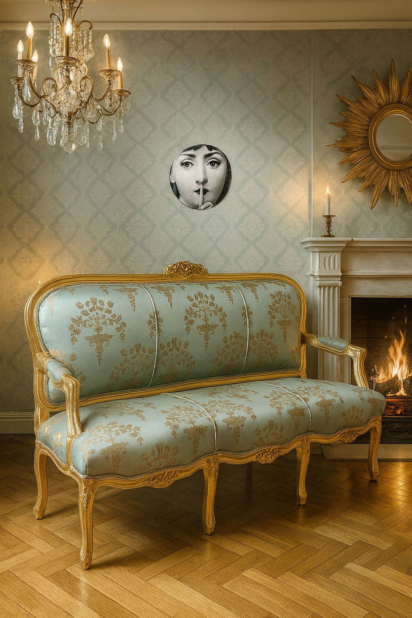 Sofa Maria Antoaneta din lemn auriu cu tapiterie bleu