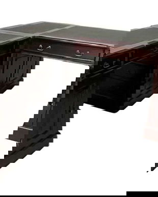 Birou englezesc de colt din lemn masiv mahon cu piele neagra