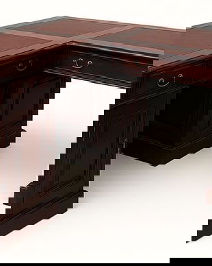 Birou englezesc de colt din lemn masiv mahon cu piele rosie