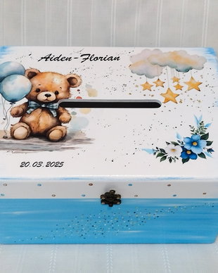 Cutie de dar botez baietel, ursulet cu baloane