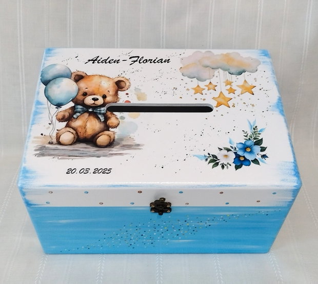 Cutie de dar botez baietel, ursulet cu baloane