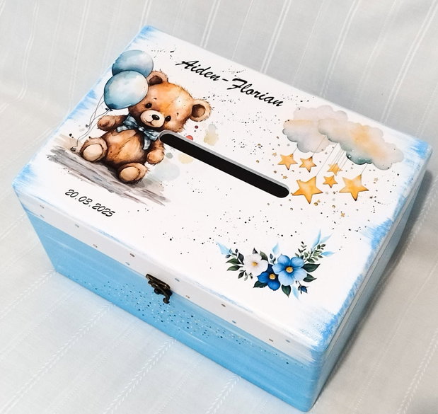 Cutie de dar pentru botez cu ursulet si baloane