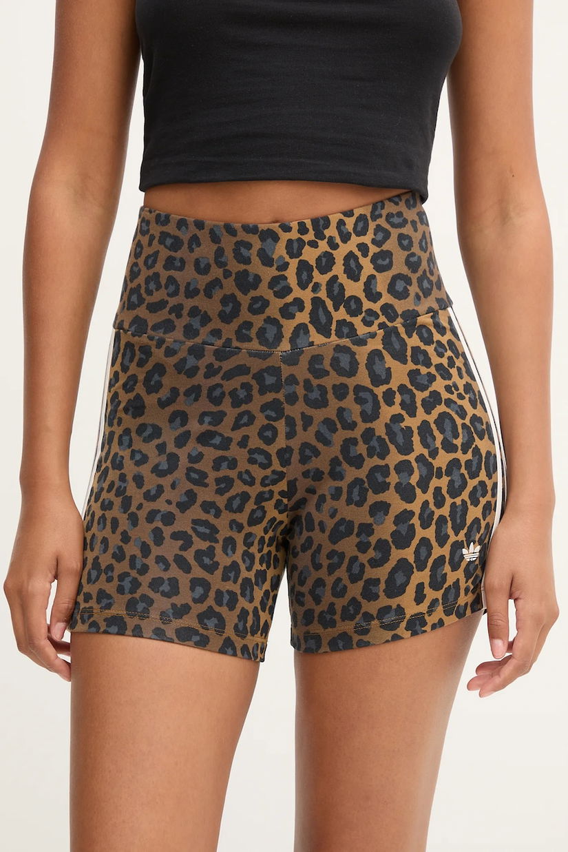 adidas Originals pantaloni scurți Booty Short culoarea maro, cu imprimeu, high waist, JW7306