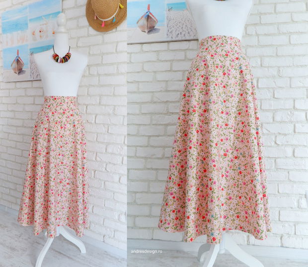 Fusta Lunga Roz cu Flori Colorate