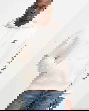 Tommy Jeans hanorac de bumbac culoarea bej, cu glugă, cu imprimeu, DM0DM21834