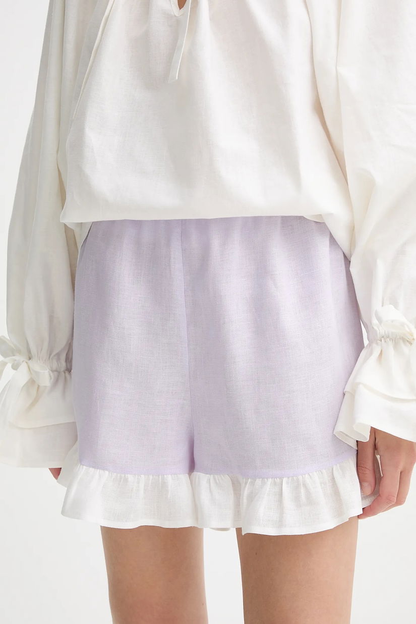 The Sleeper pantaloni scurți din in culoarea violet, uni, high waist, PFSH01P009R