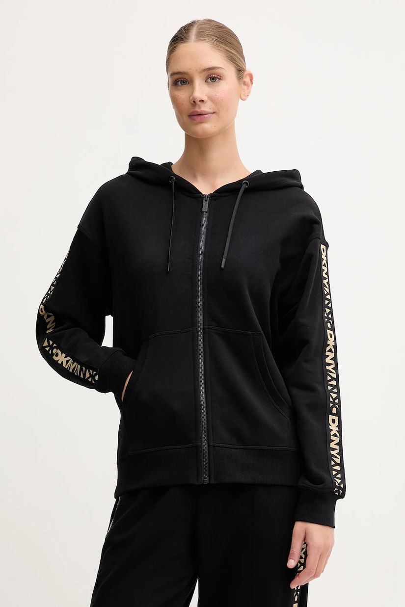 Dkny hanorac de bumbac culoarea negru, cu glugă, cu imprimeu, DP5J9645