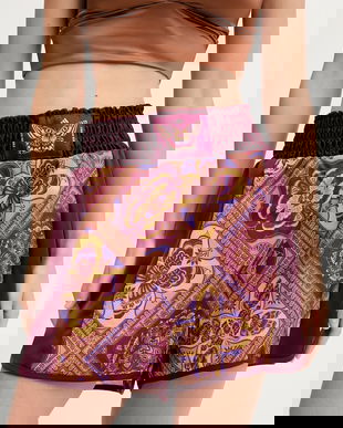 adidas pantaloni scurți x Farm Rio culoarea bordo, cu imprimeu, high waist, JW4482