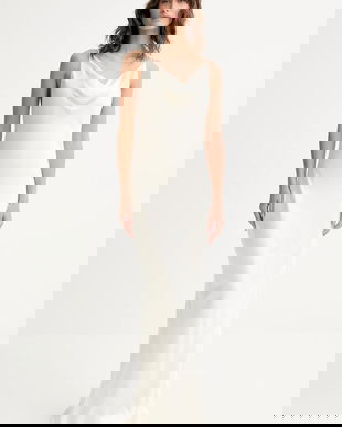 Rotate rochie de mătase culoarea bej, maxi, drept, 114234857