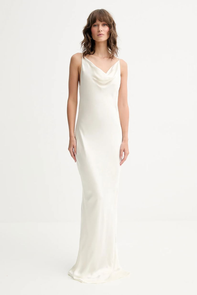 Rotate rochie de mătase culoarea bej, maxi, drept, 114234857