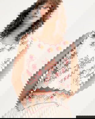 Never Fully Dressed bluză din bumbac culoarea bej, cu imprimeu, NFDTO1682