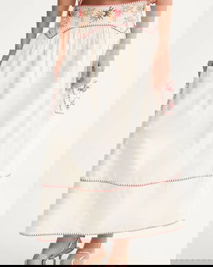 Never Fully Dressed fustă din bumbac culoarea bej, midi, evazați, NFDSK650