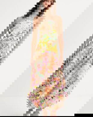 Farm Rio rochie din in culoarea roz, midi, evazați, 335814